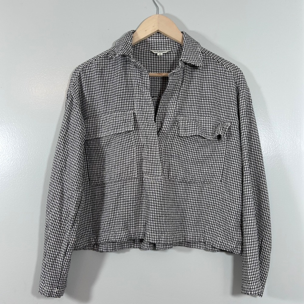 Max Studio London Gingham Check Linen Blend Cropped Shirt Black White XS